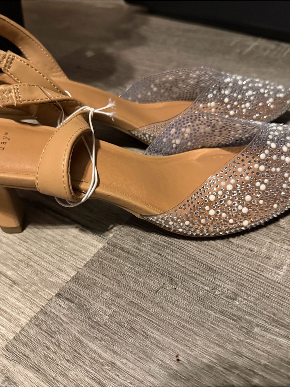 Women’s Tan Rhinestone Embellished Mid-Heel Sandals